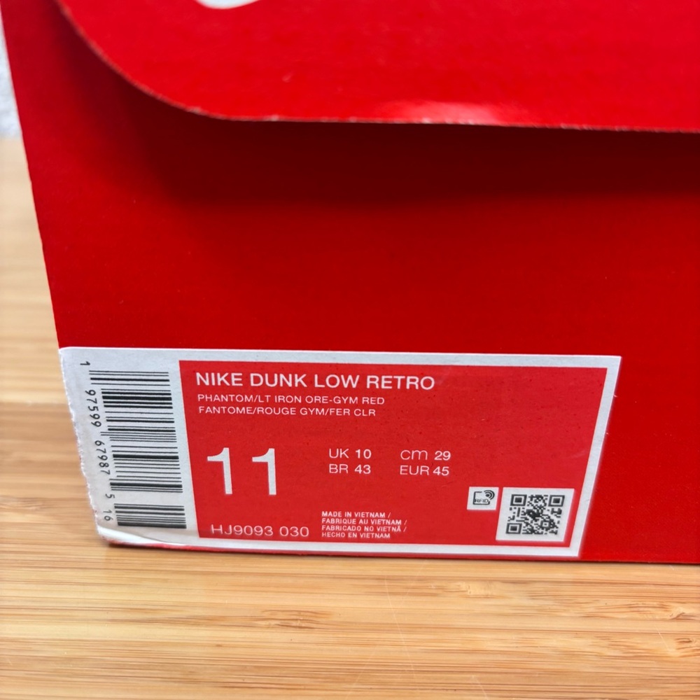 Nike Dunk Low Light Iron Ore Gym Red Men's Sz 11  HJ9093-030 Grey White Red - Picture 6 of 9